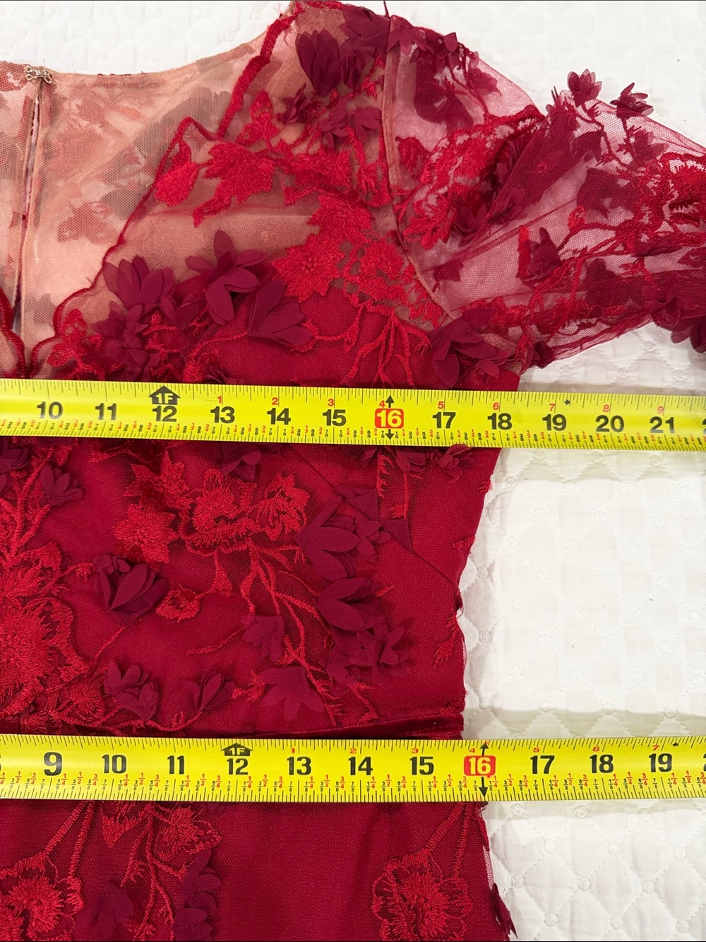 Marchesa Notte Red Lace Midi Dress 3d Floral Appliqué Mesh Wedding Guest Size 10 - Picture 16 of 17